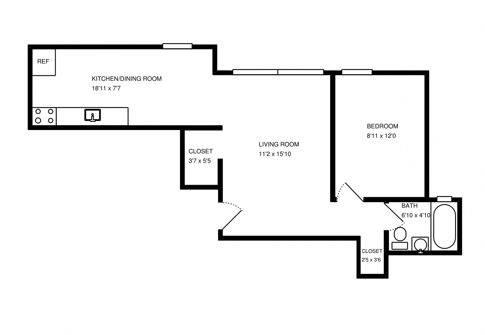 Floor plan for 1 bed, 1 bath, 500 sqft